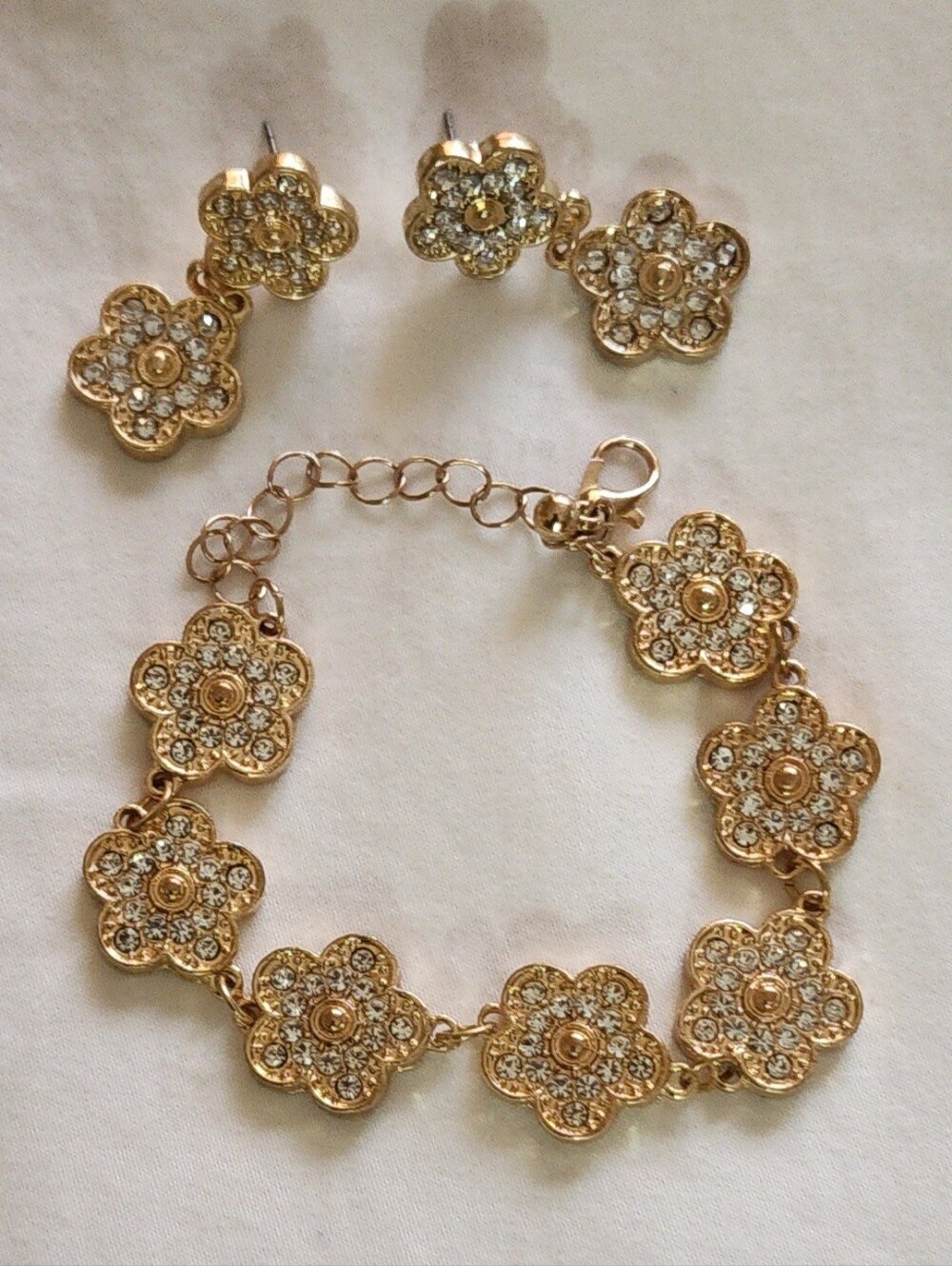 Gold Plated Crystal Floral Bracelet and Earrings Set - Women's Jewelry
